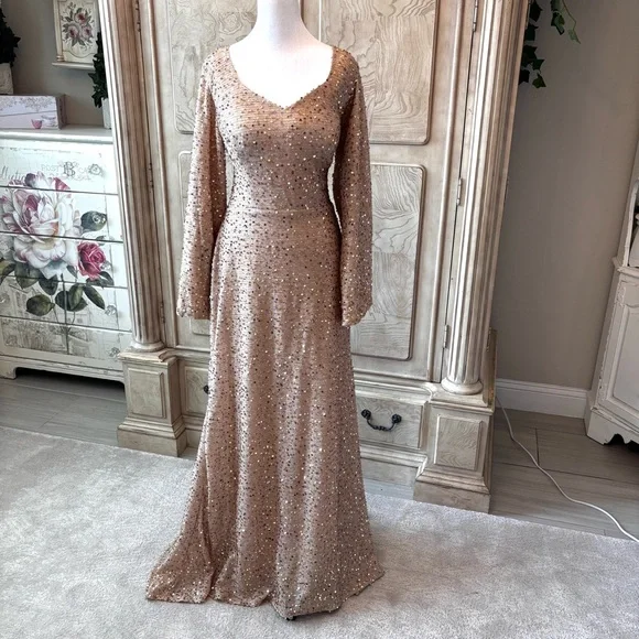 NEW Gold Prom Dress, Gold Dress, Gold Maxi Dress, Sequin Dress, Size 14/Large - Picture 1 of 11
